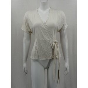 Ann Taylor Top Womens XS Petite Cream Faux Wrap Tie Waist V-Neck‎ Office Stretch